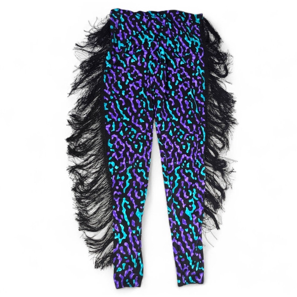 Fringe Leggings Printed Purple Turquoise Black Athleisure 80's‎ Spandex